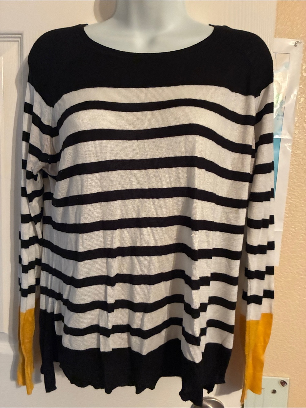 Zara Black & White Striped Long-Sleeve Top with Yellow Cuffs